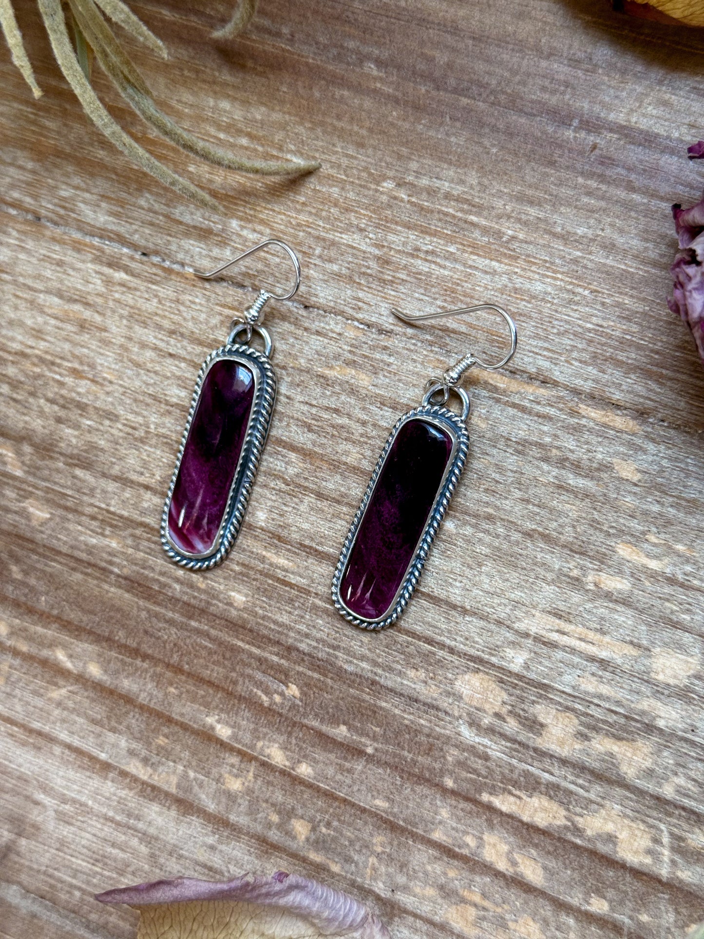 Sterling Silver Purple Spiny Oyster Dangle Earrings – Handmade by Artist Jason Ogg